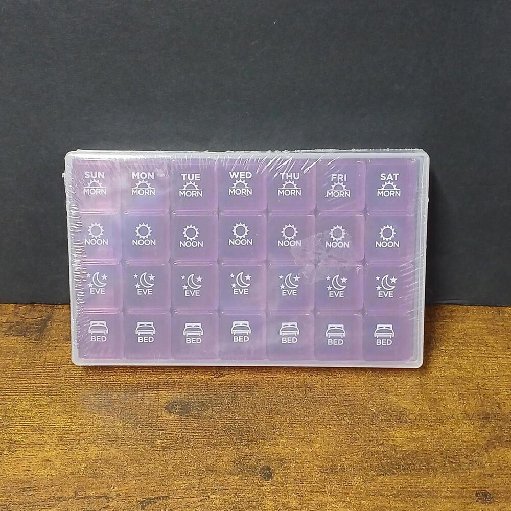 New / Sealed Purple Pill Organizer, 28 Compartments, 4 Compartments Per Day